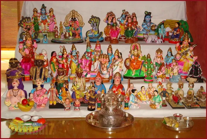 Bommai Golu doll display during Navratri in South India, symbolizing devotion and storytelling through colorful figurines.