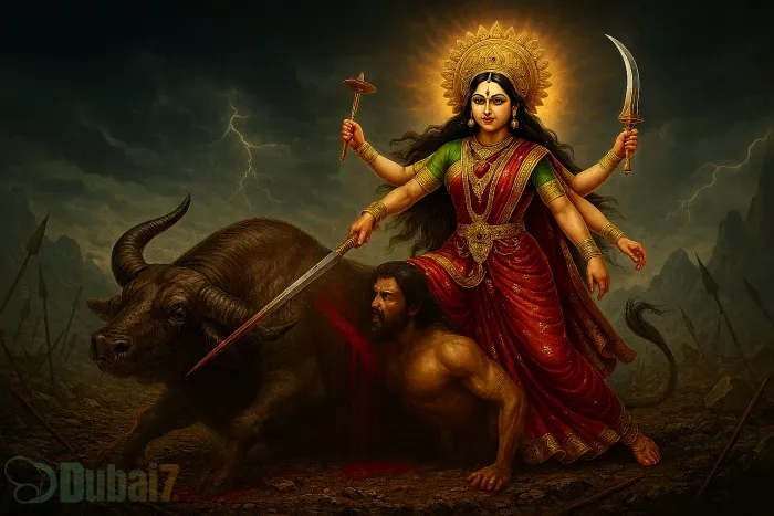 Digital painting of Goddess Durga in red saree riding a lion, piercing the buffalo demon Mahishasura, symbolizing Navratri victory of good over evil.
