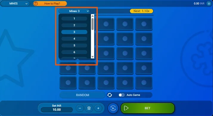 Mines Game Step 3:Select the number of bombs