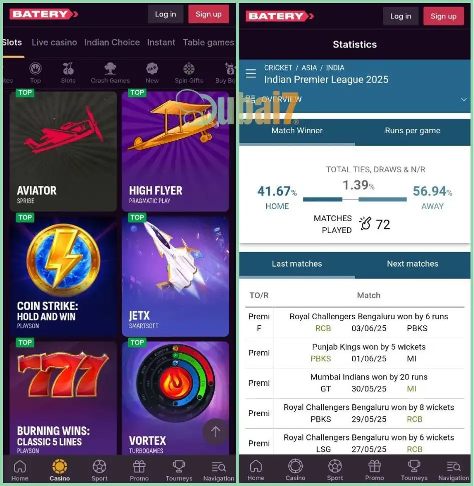 Batery showing intuitive design and detailed sports statistics.