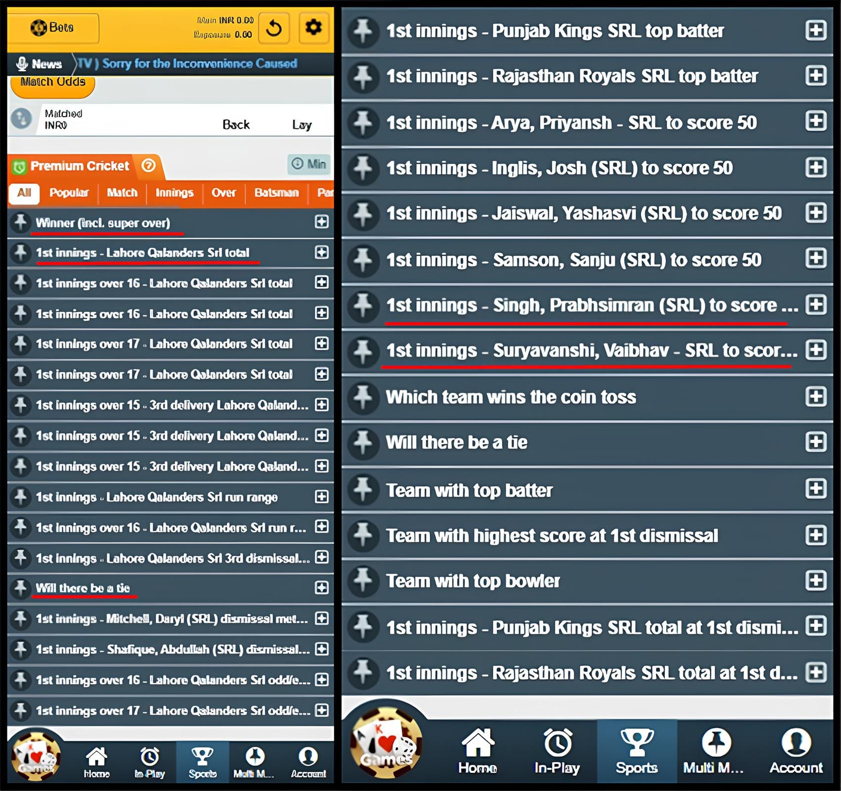 SRL Popular Betting Options