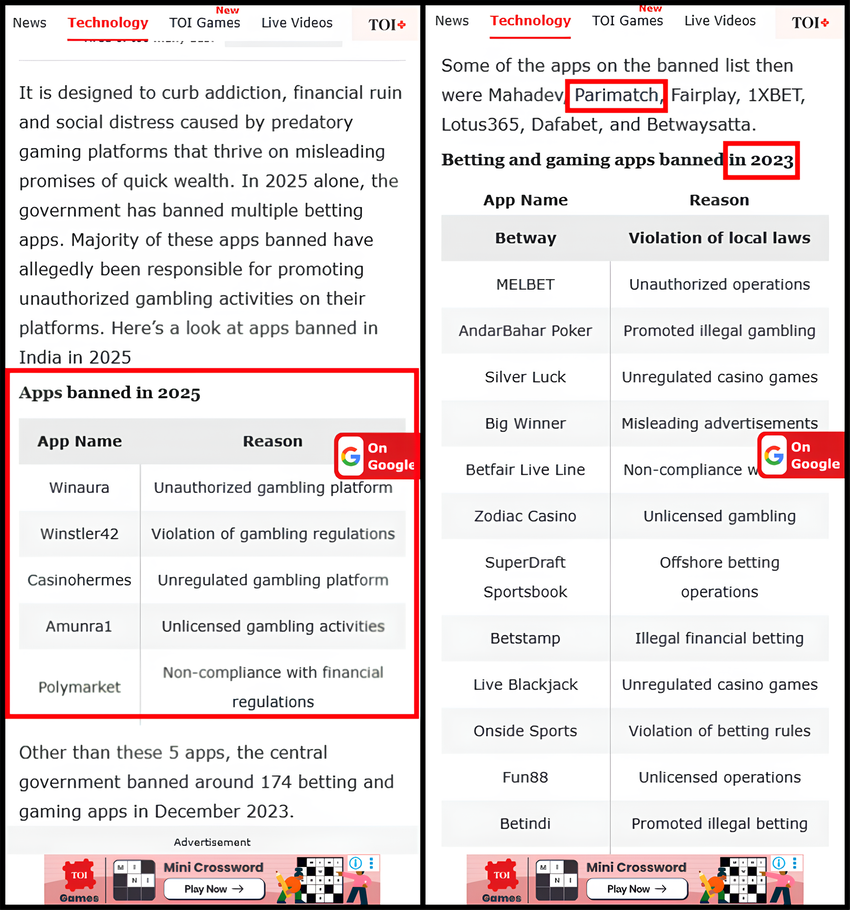 Parimatch is not legal in India
