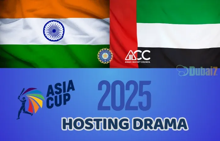 Graphic about the Asia Cup 2025 hosting drama, flags of India and UAE.