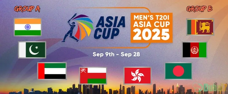 Asia Cup 2025 tournament groups. Group A: India, Pakistan, UAE, Oman. Group B: Sri Lanka, Afghanistan, Hong Kong, Bangladesh.