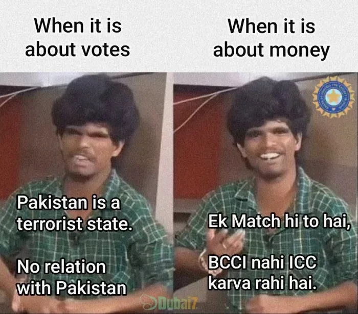 A meme mocking BCCI's stance on the Asia Cup host, shifting from political to financial motives.
