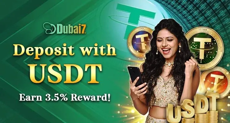 Dubai7 promotion banner showing deposit with USDT and earn 3.5% reward