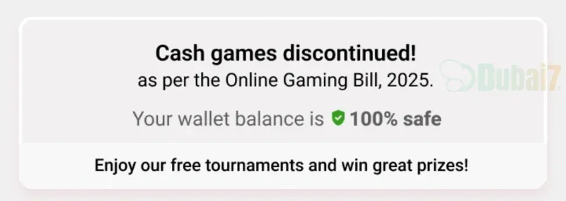 RummyCircle message showing cash games paused and wallet balance 100% safe