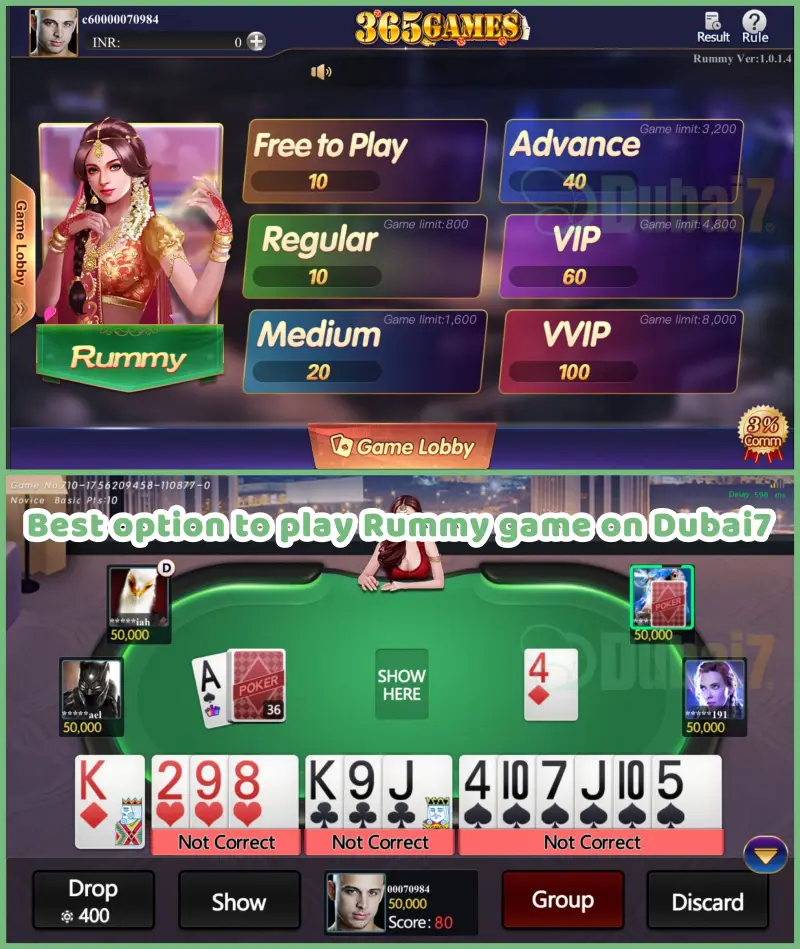 Dubai7 rummy app showing different table limits and live rummy game screen