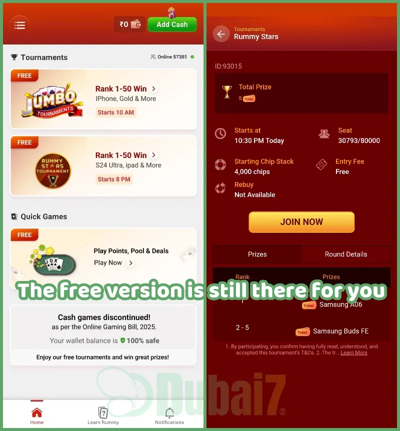 RummyCircle app showing practice points and free rummy tournaments after cash ban