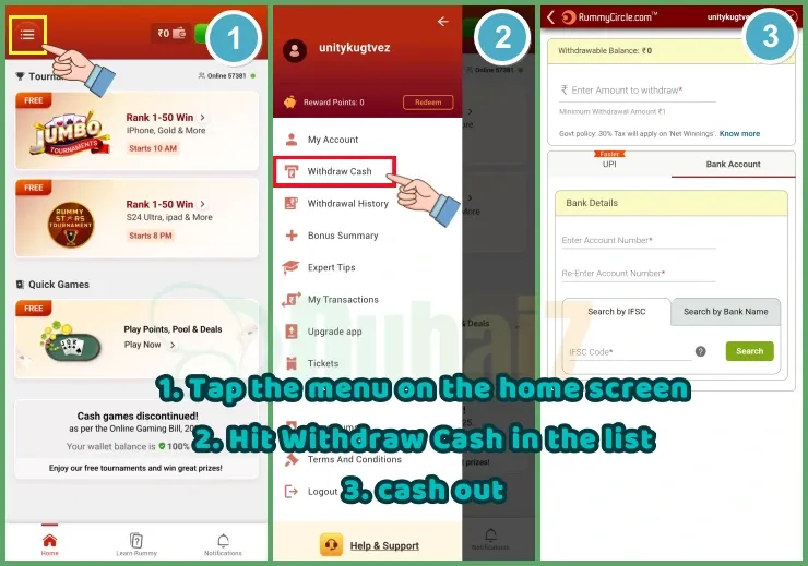 RummyCircle withdrawal tutorial showing menu, withdraw cash option, and bank details
