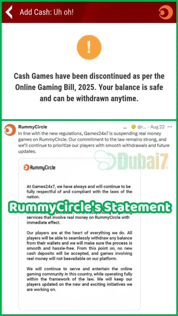 Official RummyCircle statement about cash games discontinued after 2025 Online Gaming Bill