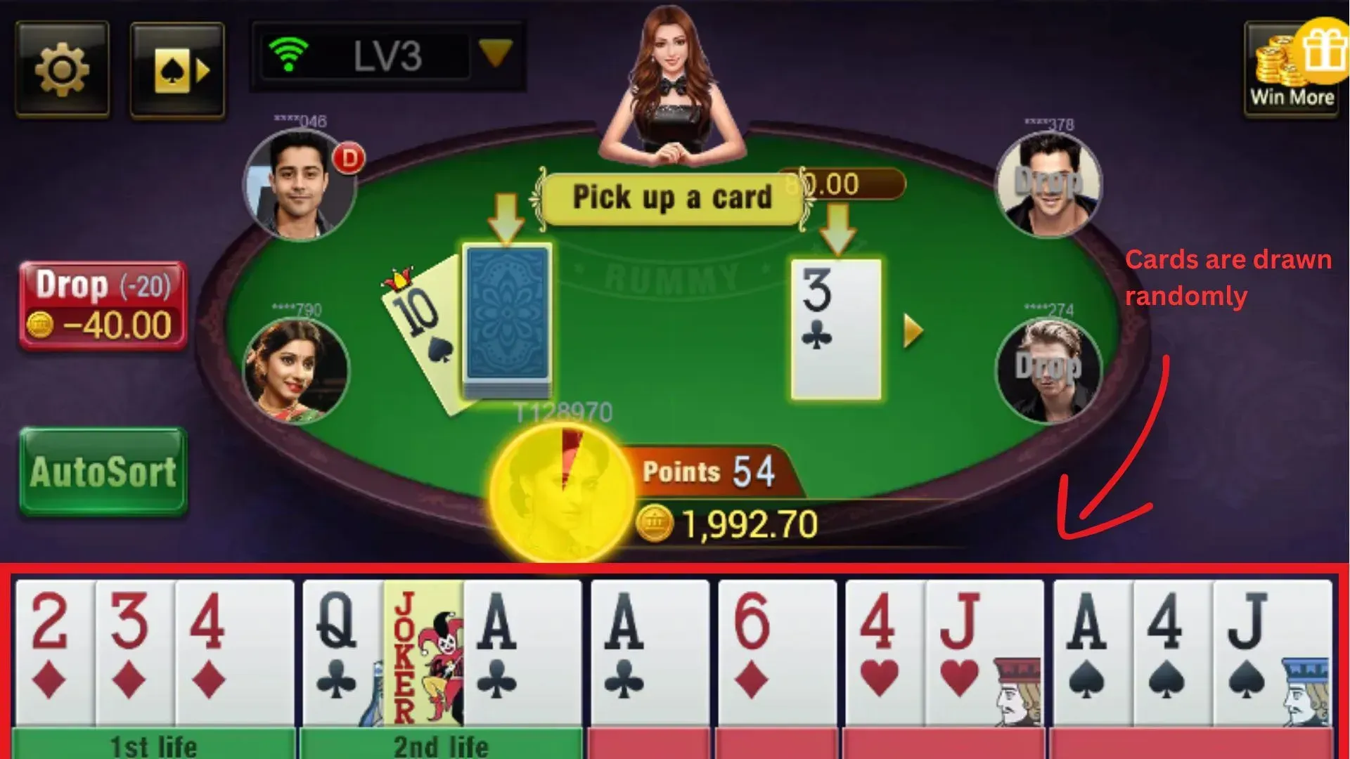 Hand cards drawn randomly