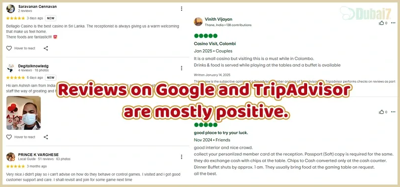 Player reviews of Bellagio Colombo on Google and TripAdvisor highlight friendly staff, good service, and a relaxed vibe