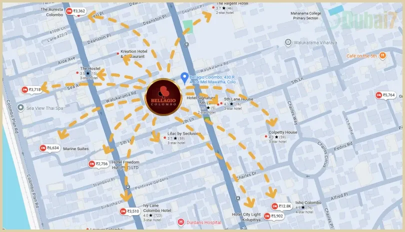 Map showing Bellagio Colombo Casino surrounded by nearby hotels and accommodations.